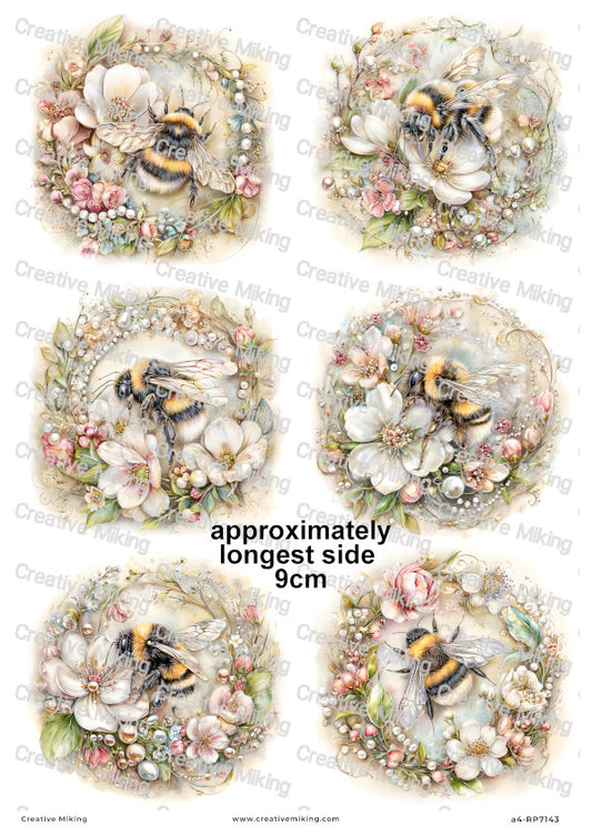 Pearl Floral Bumblebees Decoupage Rice Paper | RP7143
