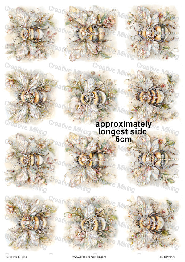 Pearl Floral Bumblebees Decoupage Rice Paper | RP7144