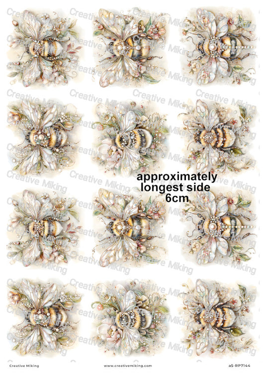Pearl Floral Bumblebees Decoupage Rice Paper | RP7144