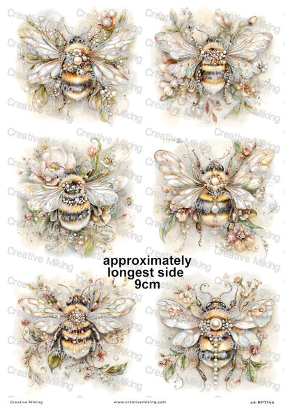 Pearl Floral Bumblebees Decoupage Rice Paper | RP7144