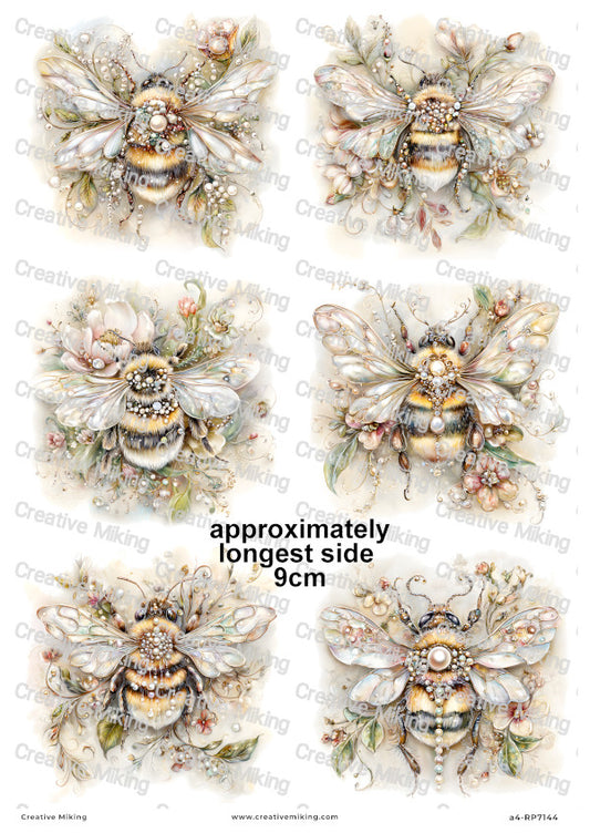 Pearl Floral Bumblebees Decoupage Rice Paper | RP7144