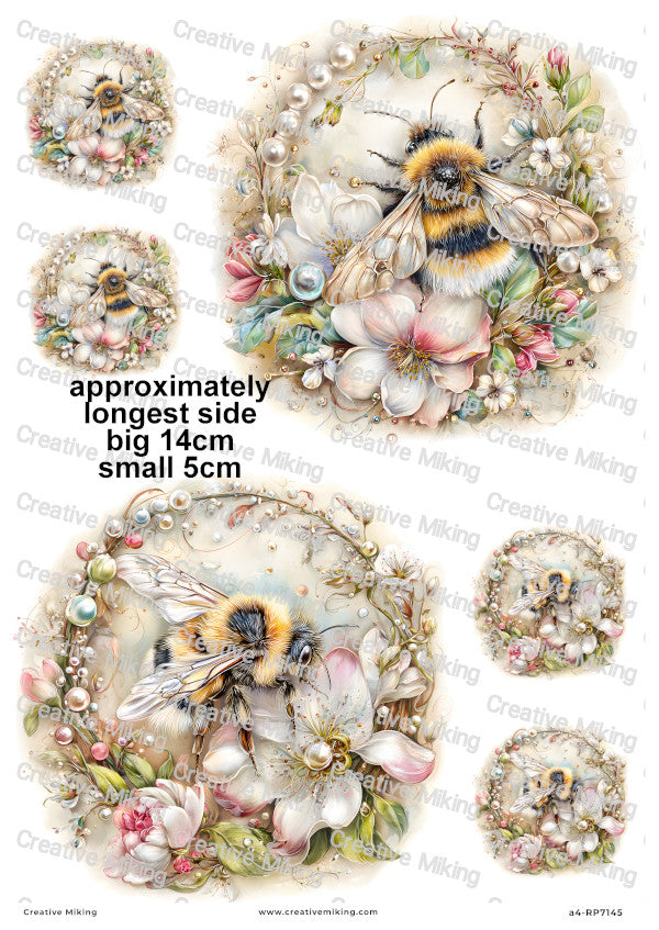 Pearl Floral Bumblebees Decoupage Rice Paper | RP7145