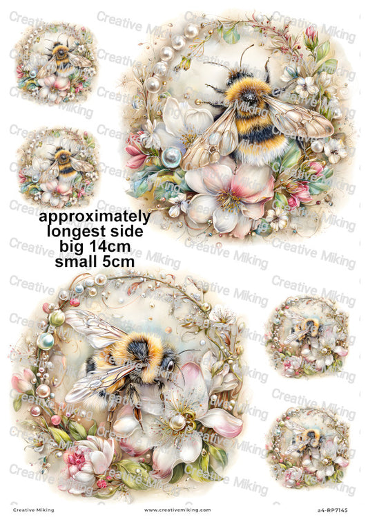 Pearl Floral Bumblebees Decoupage Rice Paper | RP7145