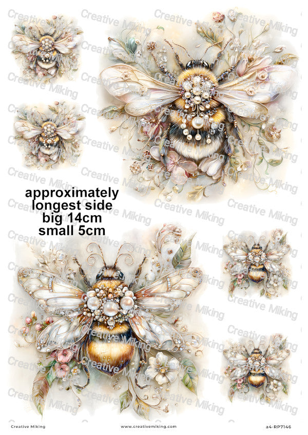 Pearl Floral Bumblebees Decoupage Rice Paper | RP7146