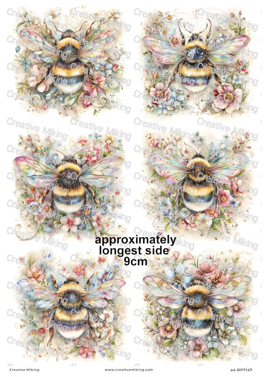 Rainbow Floral Bumblebees Decoupage Rice Paper | RP7147