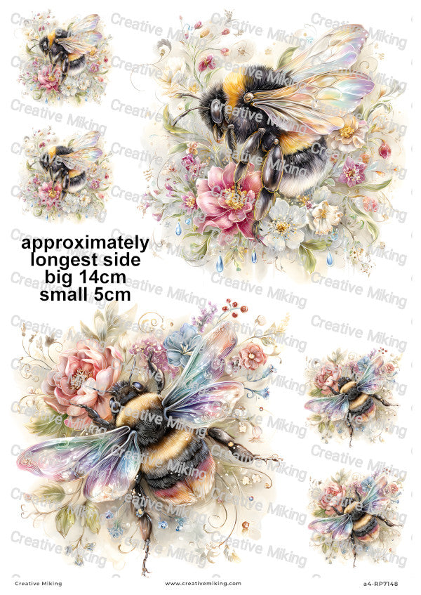 Rainbow Floral Bumblebees Decoupage Rice Paper | RP7148