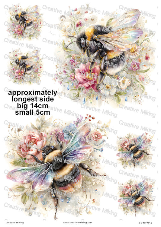 Rainbow Floral Bumblebees Decoupage Rice Paper | RP7148