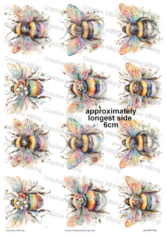 Rainbow Floral Bumblebees Decoupage Rice Paper | RP7149