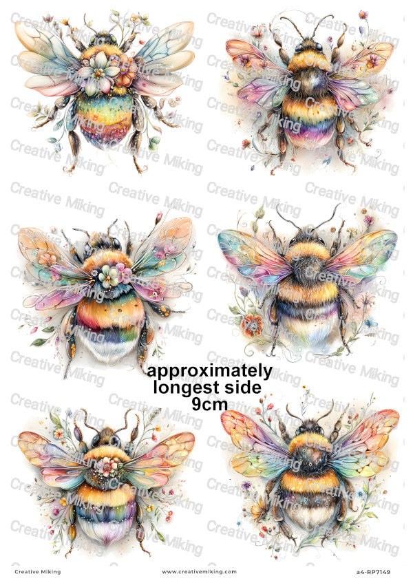 Rainbow Floral Bumblebees Decoupage Rice Paper | RP7149
