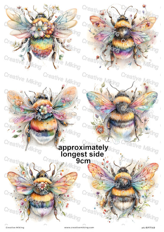 Rainbow Floral Bumblebees Decoupage Rice Paper | RP7149