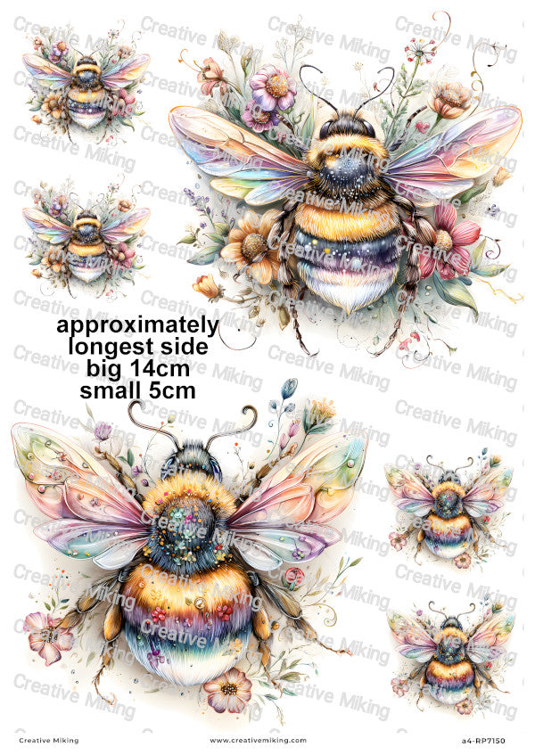 Rainbow Floral Bumblebees Decoupage Rice Paper | RP7150