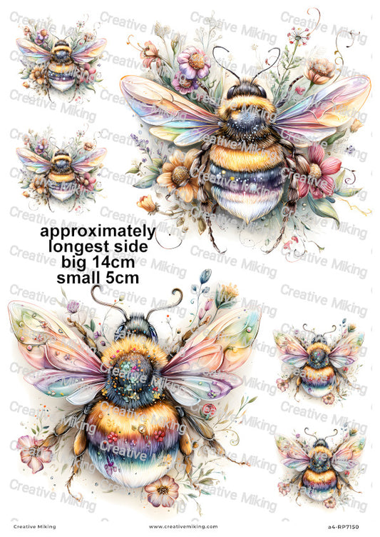 Rainbow Floral Bumblebees Decoupage Rice Paper | RP7150