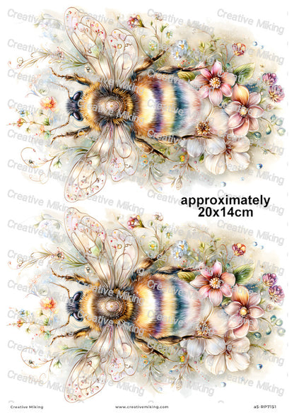 Rainbow Floral Bumblebees Decoupage Rice Paper | RP7151