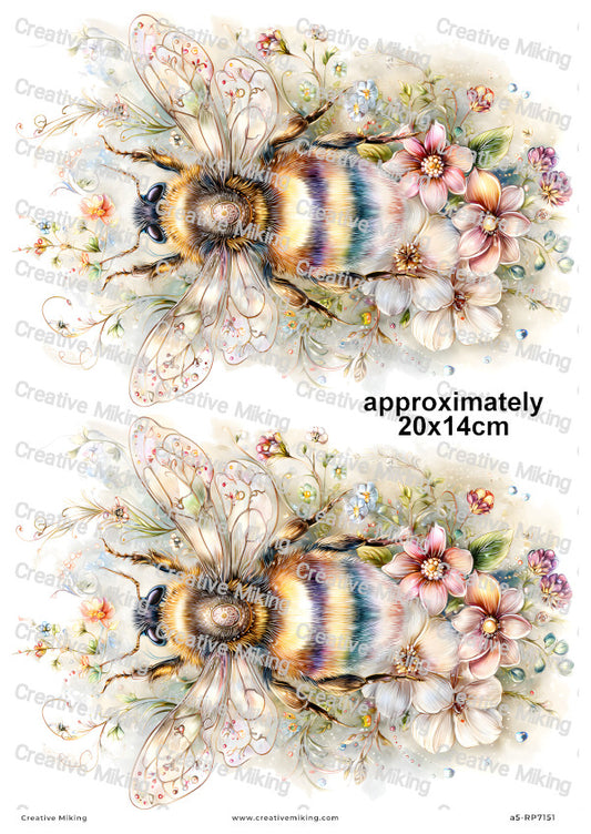 Rainbow Floral Bumblebees Decoupage Rice Paper | RP7151