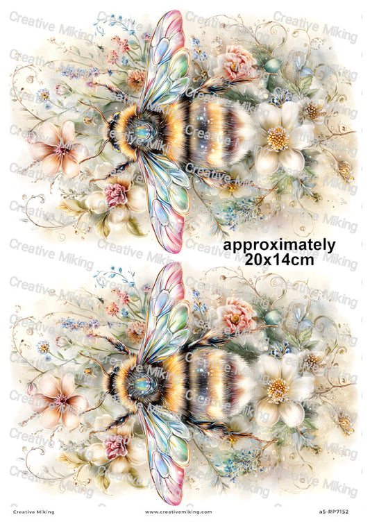 Rainbow Floral Bumblebees Decoupage Rice Paper | RP7152