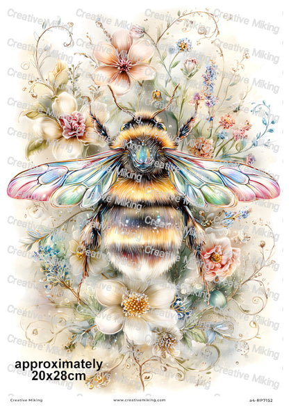 Rainbow Floral Bumblebees Decoupage Rice Paper | RP7152
