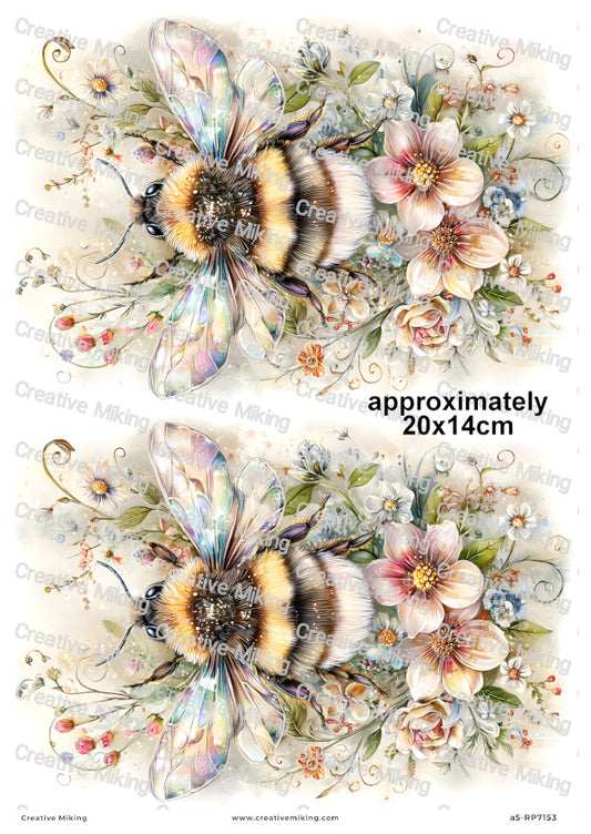 Rainbow Floral Bumblebees Decoupage Rice Paper | RP7153
