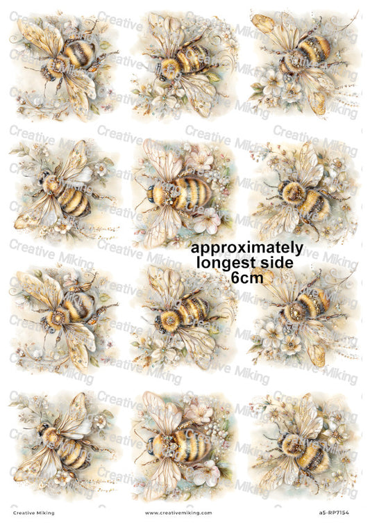 Golden Floral Bumblebees Decoupage Rice Paper | RP7154