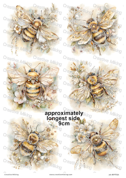 Golden Floral Bumblebees Decoupage Rice Paper | RP7154