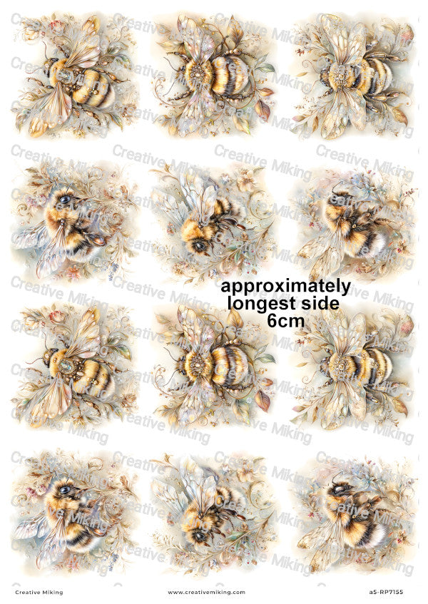 Golden Floral Bumblebees Decoupage Rice Paper | RP7155