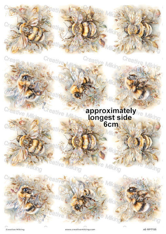 Golden Floral Bumblebees Decoupage Rice Paper | RP7155