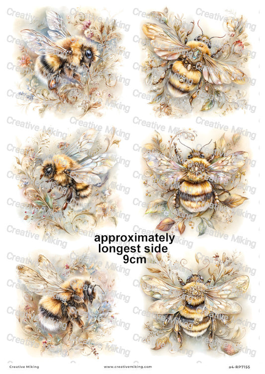 Golden Floral Bumblebees Decoupage Rice Paper | RP7155