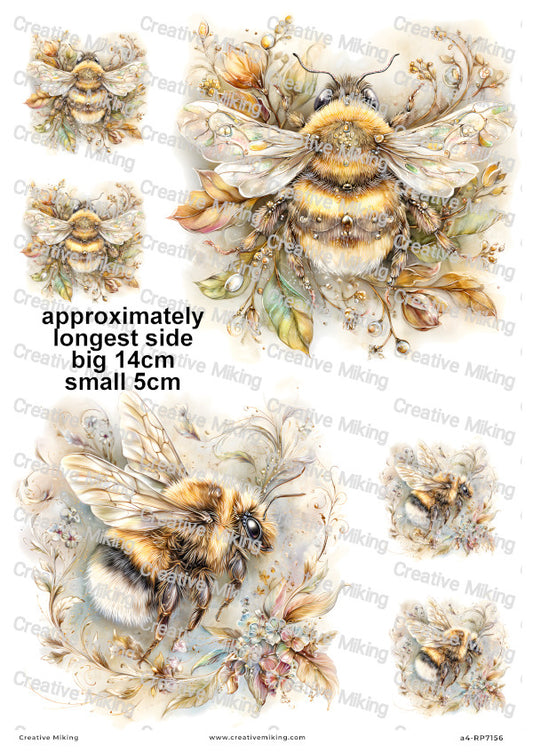 Golden Floral Bumblebees Decoupage Rice Paper | RP7156