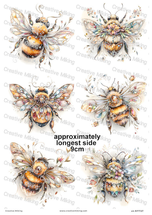 Crystal Floral Bumblebees Decoupage Rice Paper | RP7157