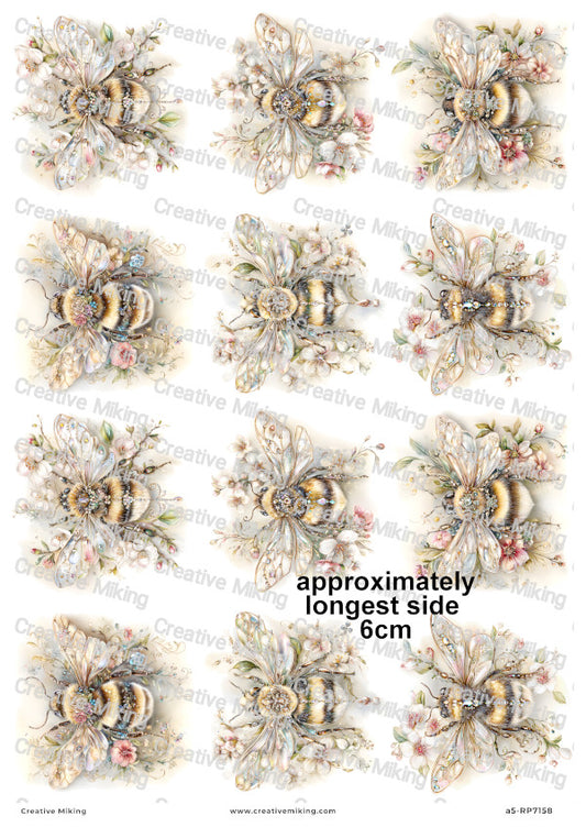Crystal Floral Bumblebees Decoupage Rice Paper | RP7158