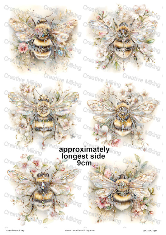 Crystal Floral Bumblebees Decoupage Rice Paper | RP7158