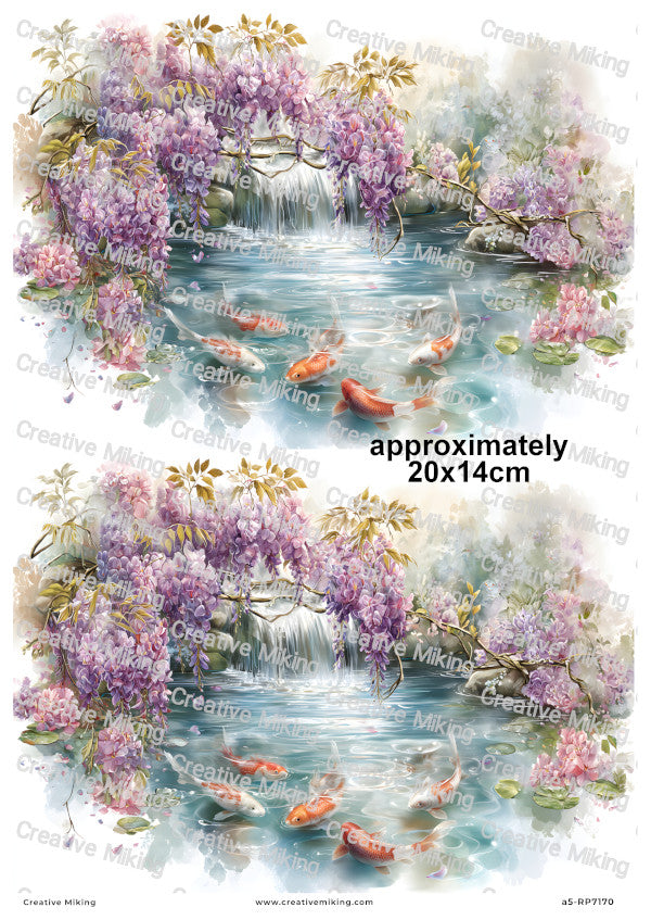 Koi Carp Fish With Wisteria Floral Decoupage Rice Paper | RP7170