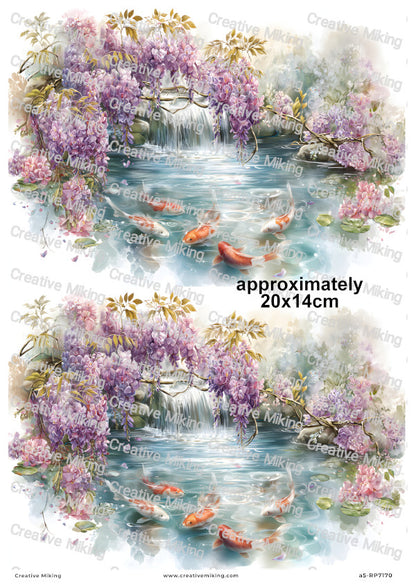 Koi Carp Fish With Wisteria Floral Decoupage Rice Paper | RP7170