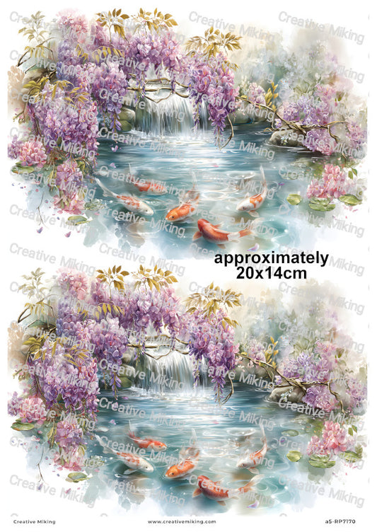 Koi Carp Fish With Wisteria Floral Decoupage Rice Paper | RP7170