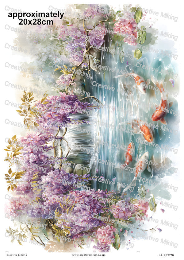 Koi Carp Fish With Wisteria Floral Decoupage Rice Paper | RP7170