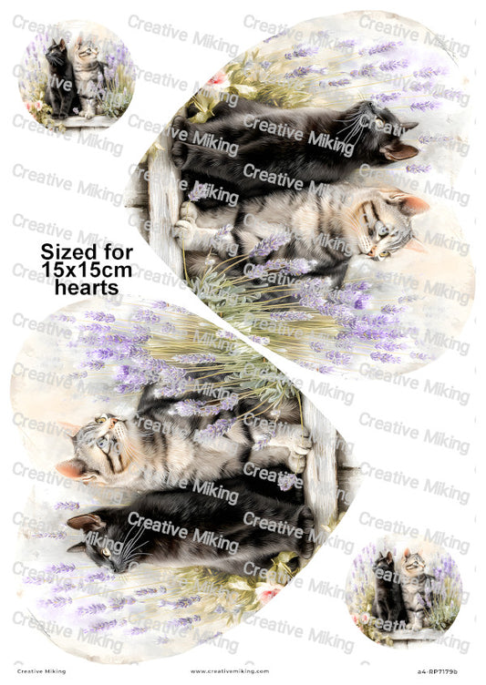 Black And Tabby Cats With Lavender Decoupage Rice Paper | RP7179b