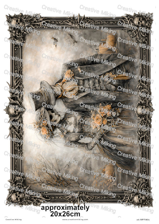 Gothic Skeleton Bride And Groom in Frame Decoupage Rice Paper | RP7180c