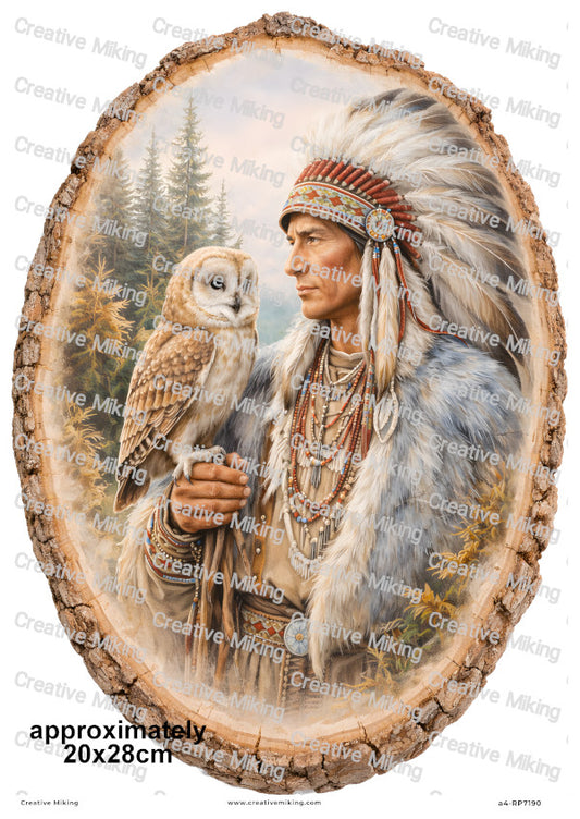 Native American Chief With Owl Decoupage Rice Paper | RP7190