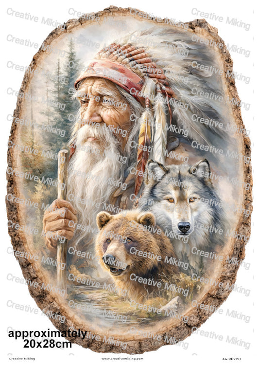 Native American Chief With Wolf And Bear Decoupage Rice Paper | RP7191
