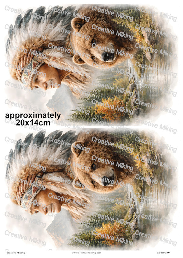 Native American Chief With Bear Decoupage Rice Paper | RP7194
