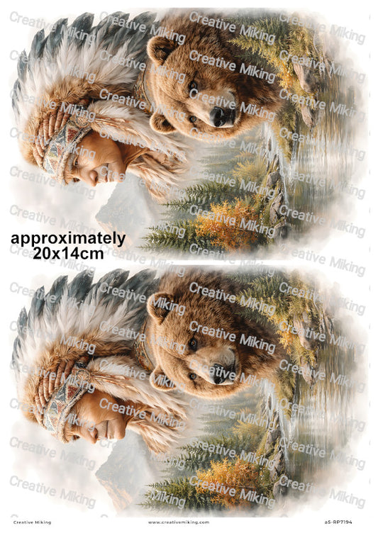 Native American Chief With Bear Decoupage Rice Paper | RP7194