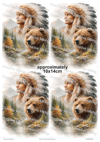 Native American Chief With Bear Decoupage Rice Paper | RP7194
