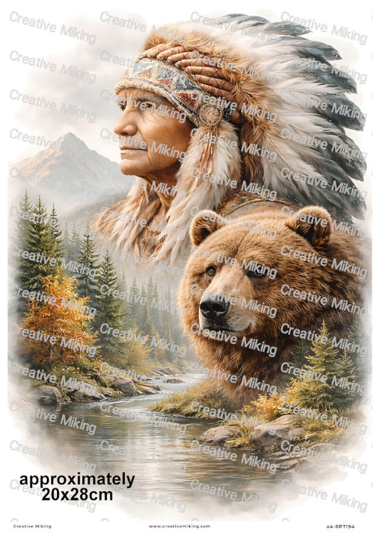 Native American Chief With Bear Decoupage Rice Paper | RP7194