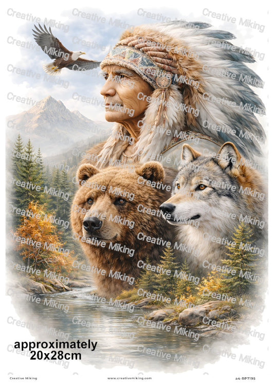 Native American Chief With Bear Wolf And Eagle Decoupage Rice Paper | RP7195