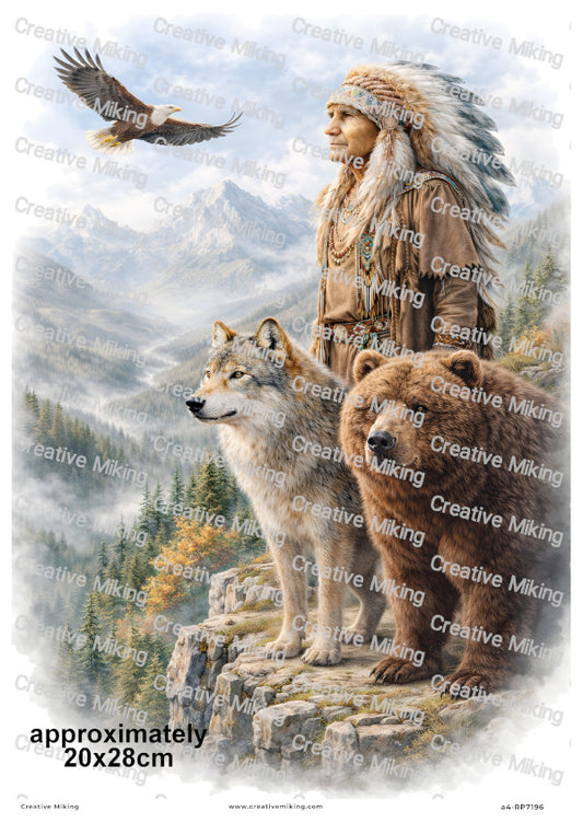 Native American Chief With Bear Wolf And Eagle Decoupage Rice Paper | RP7196