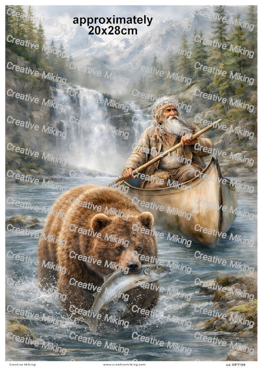 Bear Fishing With Native American Decoupage Rice Paper | RP7198