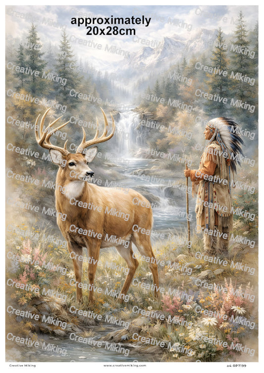 Deer With Native American Decoupage Rice Paper | RP7199