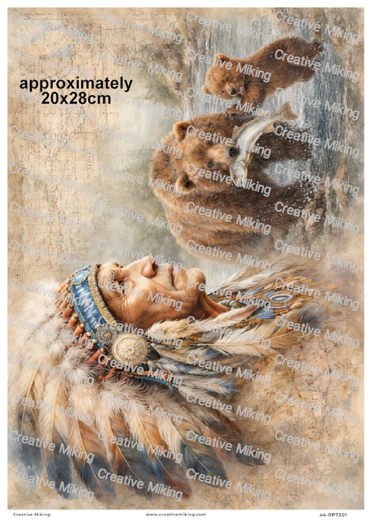 Native American Chief With Bear And Cub Fishing Decoupage Rice Paper | RP7201