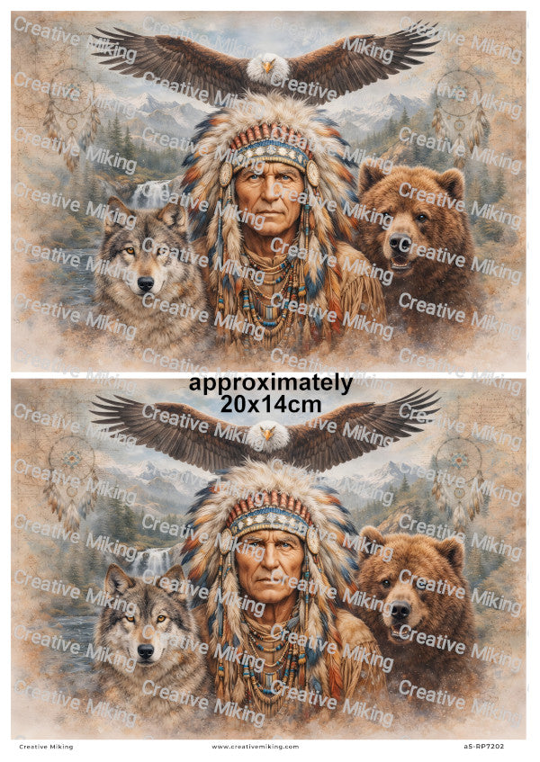 Native American Chief With Bear Wolf And Eagle Decoupage Rice Paper | RP7202