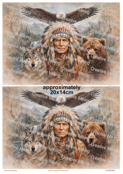 Native American Chief With Bear Wolf And Eagle Decoupage Rice Paper | RP7202