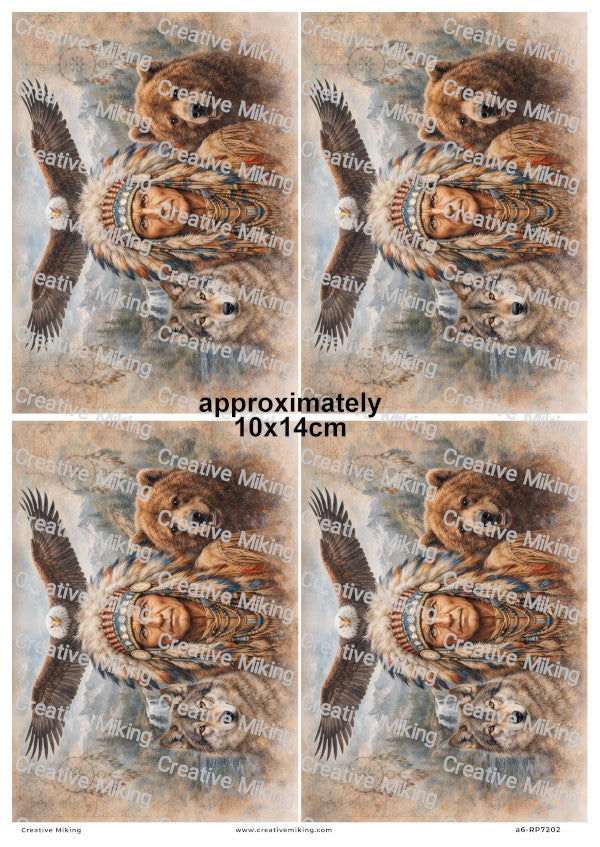 Native American Chief With Bear Wolf And Eagle Decoupage Rice Paper | RP7202